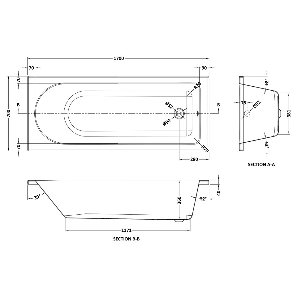 image 1 of Shower Bath Bundle Single End Round Tub, Front Panel & Round Bath Screen, 1700mm x 700mm, Black White