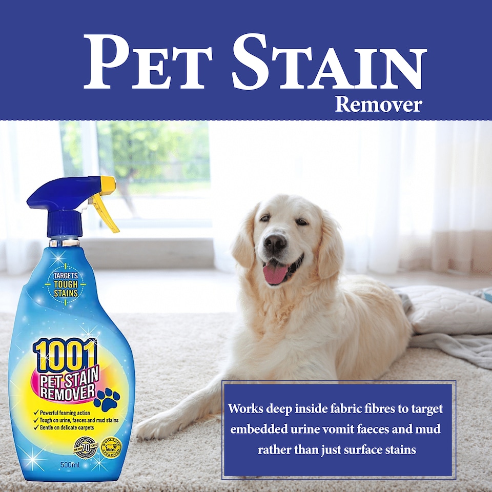 image 1 of 1001 Pet Stain Remover Spray 500ml Fast Acting Carpet and Upholstery Cleaner for Dog Cat Urine Vomit Faeces Mud Pet Stains