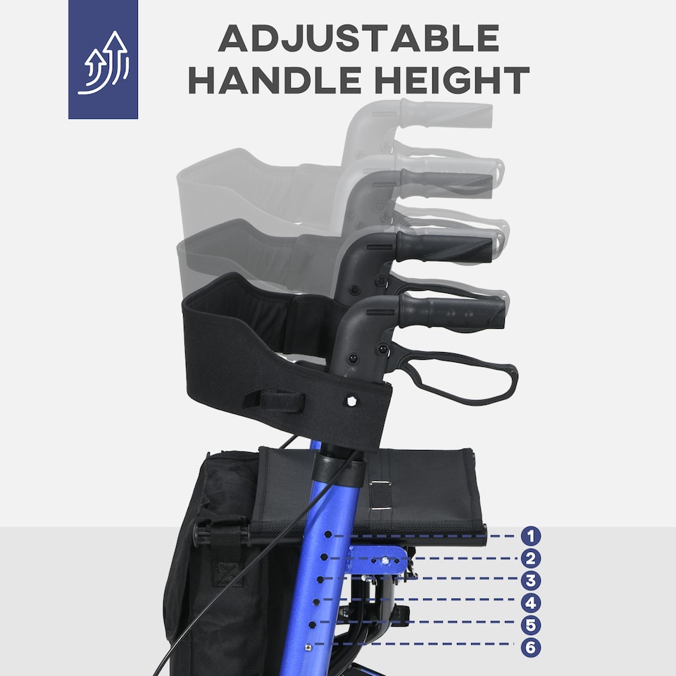 image 1 of HOMCOM 4 Wheel Rollator with Seat and Back, Folding Mobility Walker with Carry Bag, Adjustable Height, Dual Brakes, Cane Holder, Lightweight Aluminium Walking Frame for Seniors and Disabled, Blue