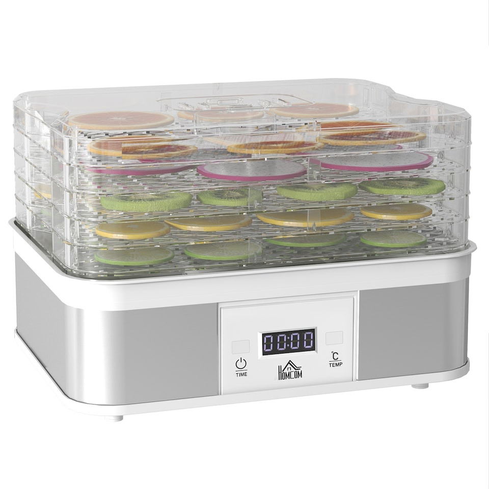 image 1 of HOMCOM 5 Tier Food Dehydrator, 245W Stainless Steel Food Dryer Machine with Adjustable Temperature, Timer and LCD Display for Drying Fruit, Meat, Vegetable, Jerky and Pet Treat, White