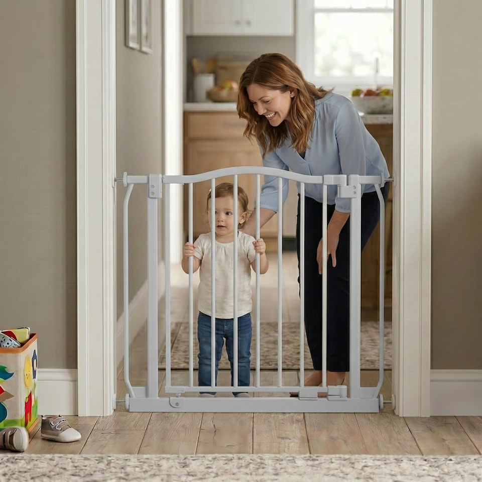 image 1 of Safetots Curved Top Safety Gate, 207cm - 216cm, Matt Grey, Pressure Fit Stair Gate, Baby Gate for Doors Hallways and Spaces, Safety Barrier, Easy Installation