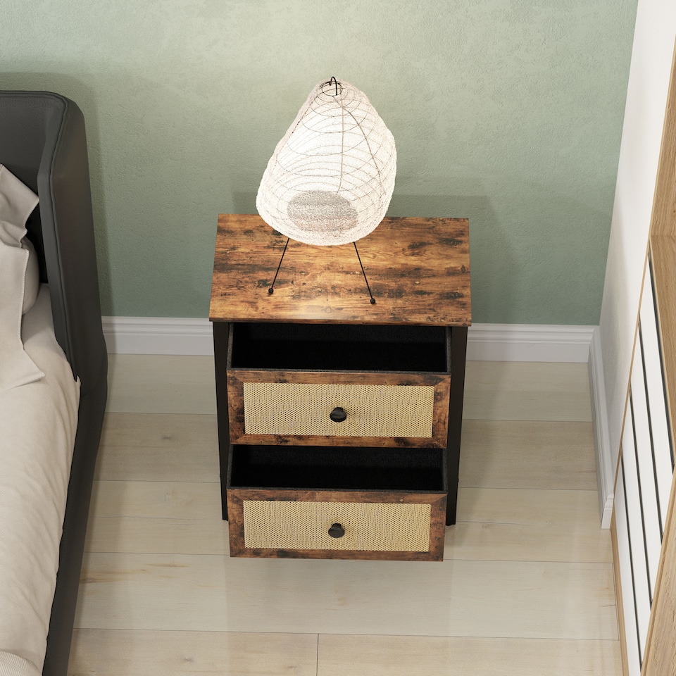 image 1 of HOMCOM Bedside Table, Side Table with 2 Rattan Drawers, Bedside Cabinet with Storage and Steel Legs for Bedroom, Living Room, Rustic Brown
