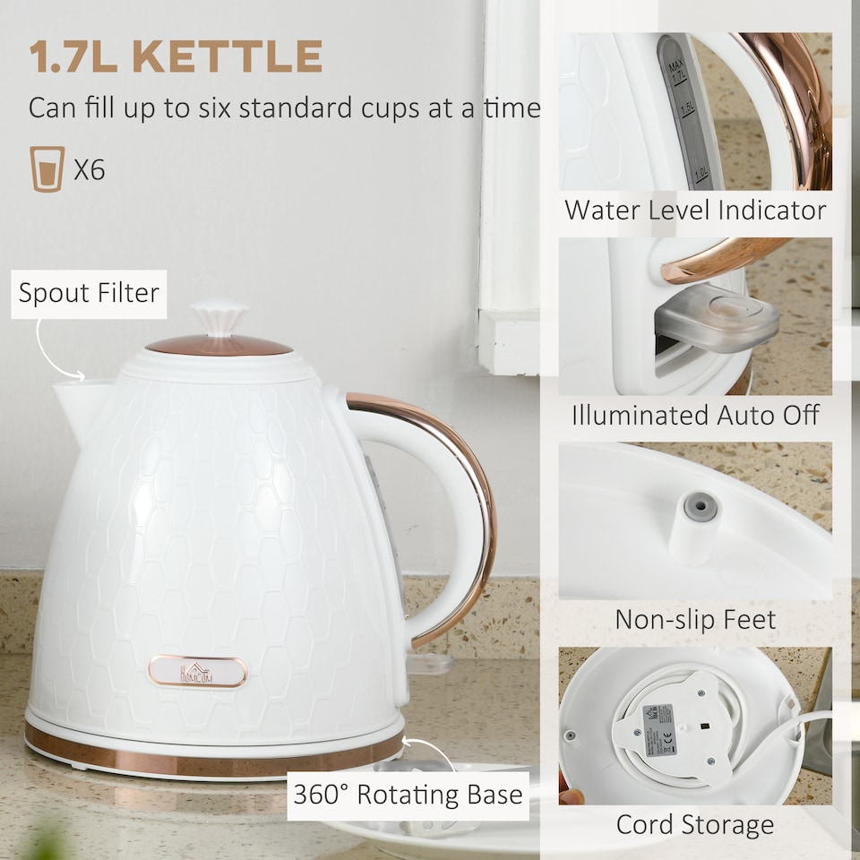image 1 of HOMCOM Kettle and Toaster Set, 1.7L 3000W Fast Boil Jug Kettle with Auto Shut Off, 2 Slice Toaster with 7 Level Browning Controls & Crumb Tray, UK Otter Thermostat, Cream