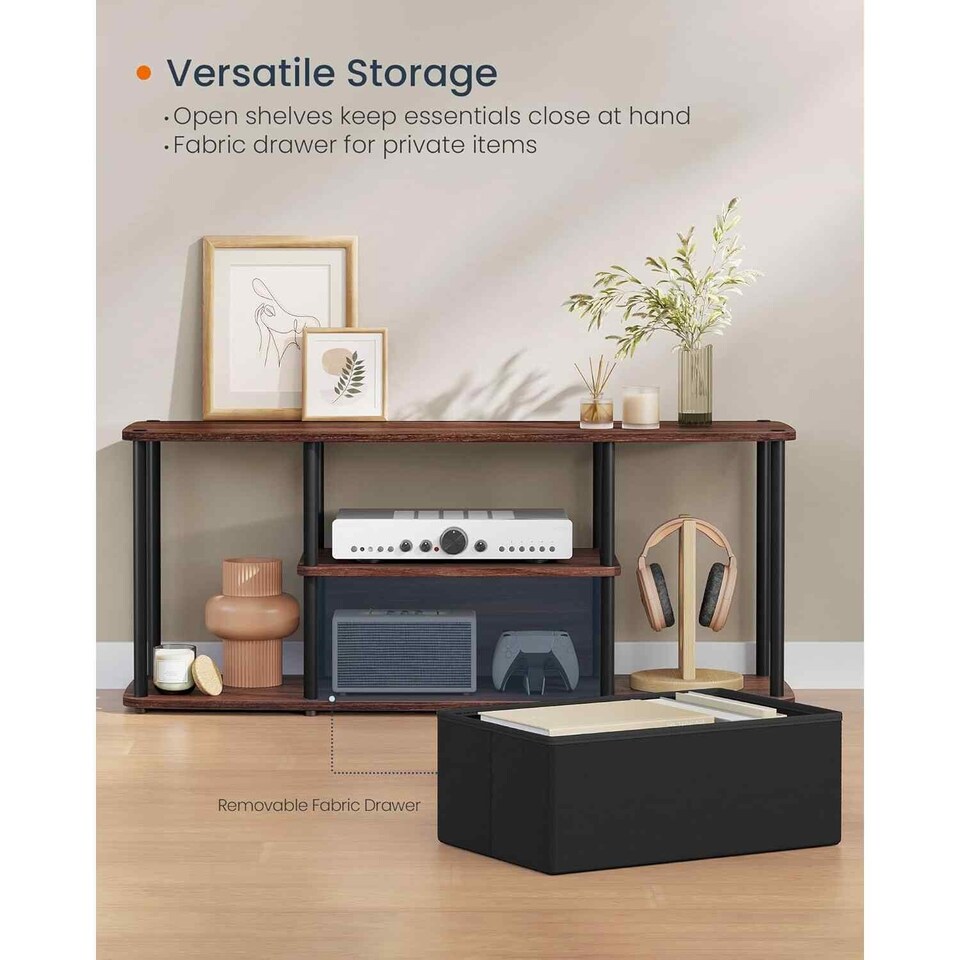 image 1 of TV Stand with Shelves, Entertainment Unit for Living Room and Bedroom, Tool-Free Assembly, Natural Walnut and Ink Black