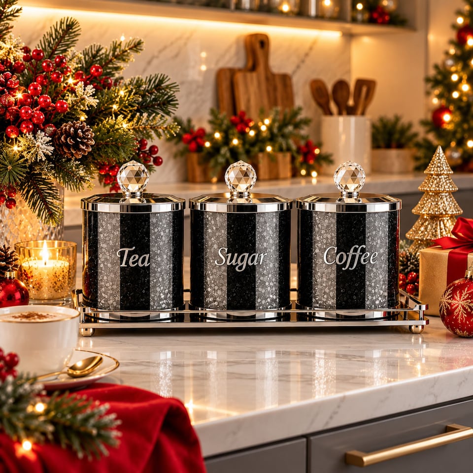 image 1 of Luxury Crystal Tea, Coffee And Sugar Canister Set - Black | Black