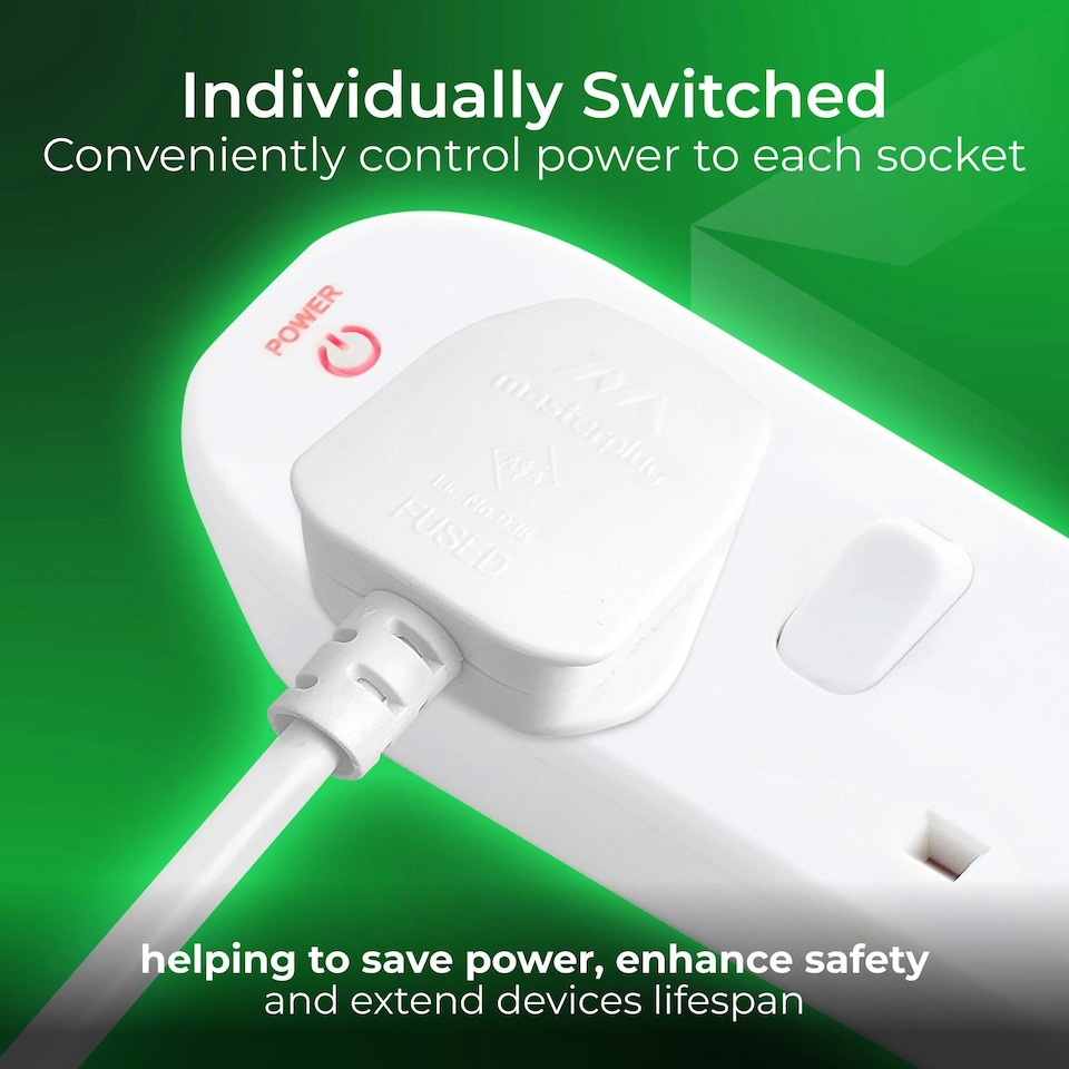 image 1 of Masterplug 13A 6 Socket Individually Switched Extension Lead 2m, White