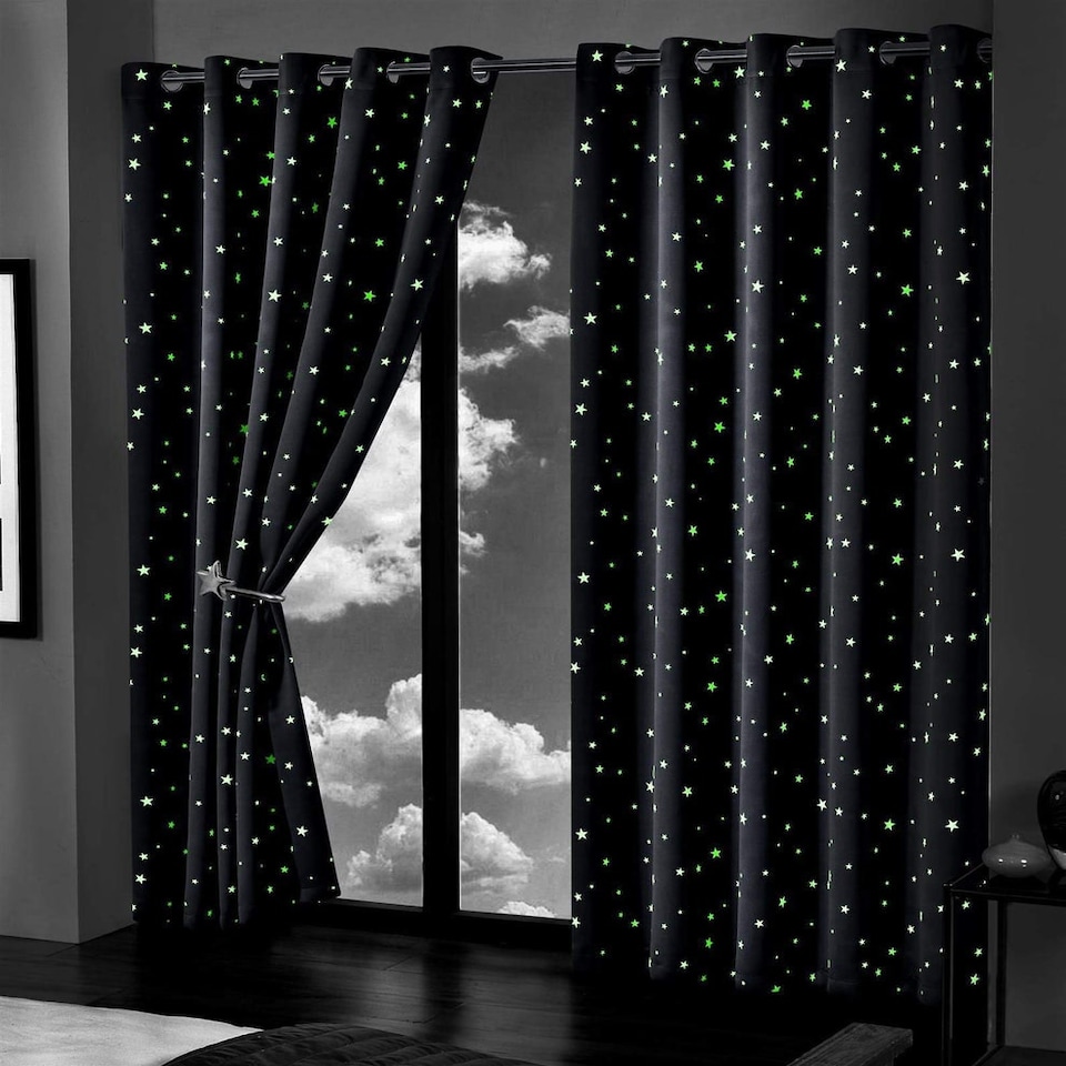 image 1 of Glow in the Dark Blackout Curtains in Navy Stars, 167cm x 183cm Blue | Blue