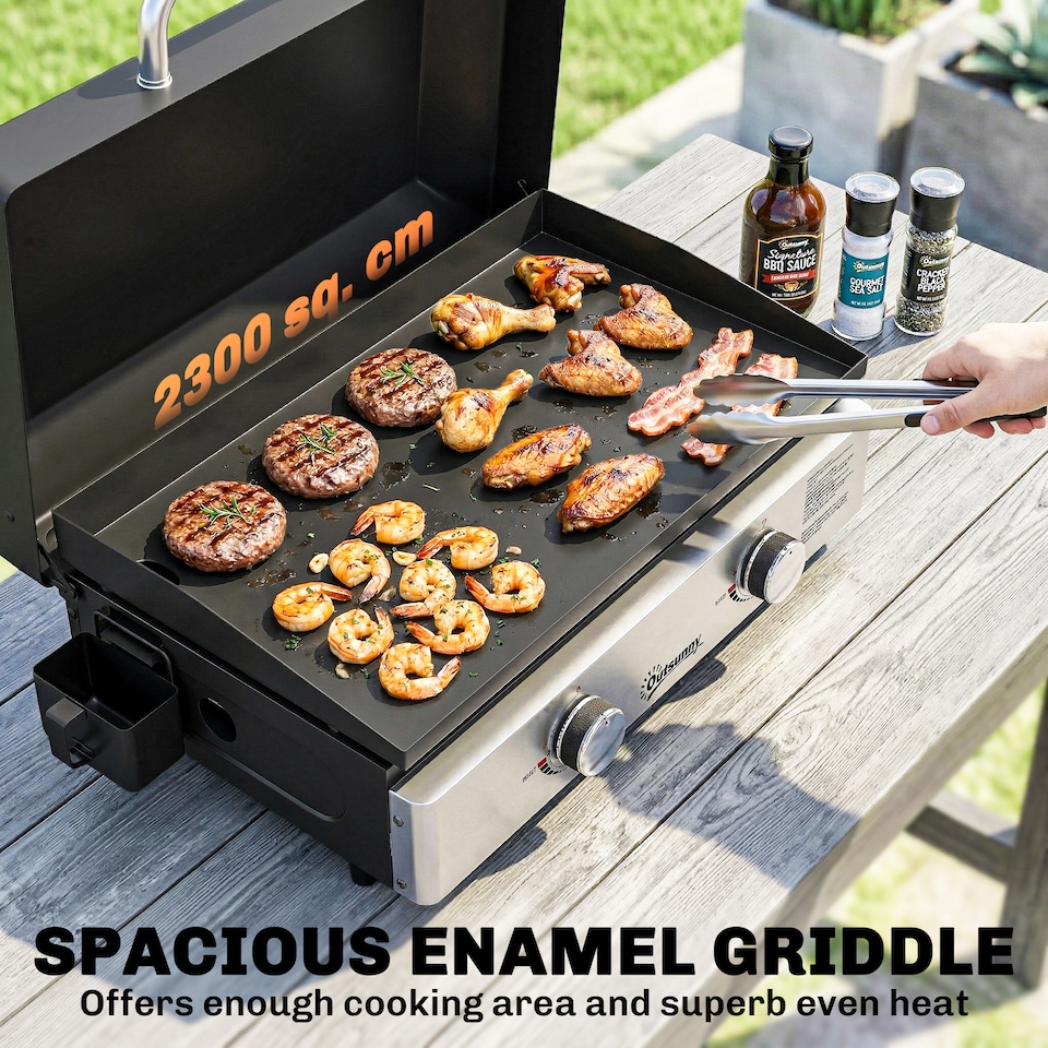 image 1 of Outsunny 2 Burner Grill Griddle, Tabletop Gas BBQ with Grease Cup, Black | Black | Black | 70.5 x 54 x 27 cm