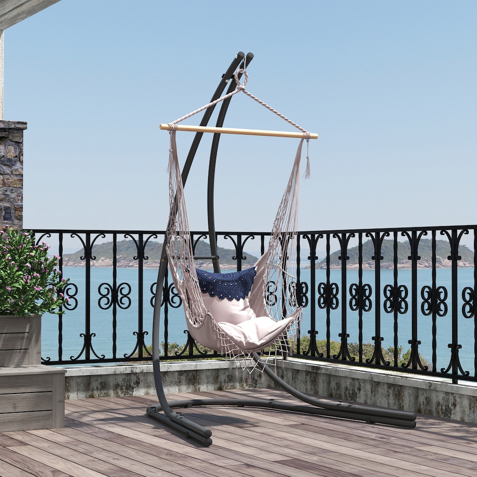 image 1 of Outsunny Hammock Chair Stand Only, Hanging Chair Stand with Extra Large Base, Heavy Duty Metal Single Hammock Egg Swing Frame for Indoor Outdoor, 150 KG Load Capacity, Black | Black | Black