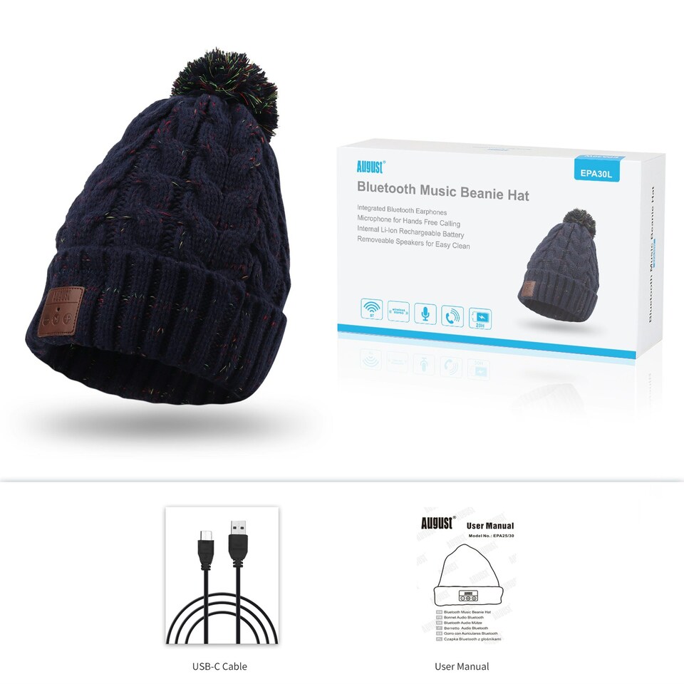 image 1 of Pom Pom Beanie Hat with Bluetooth Speakers Rechargeable with Built-In Microphone for Calls - August EPA30 Blue