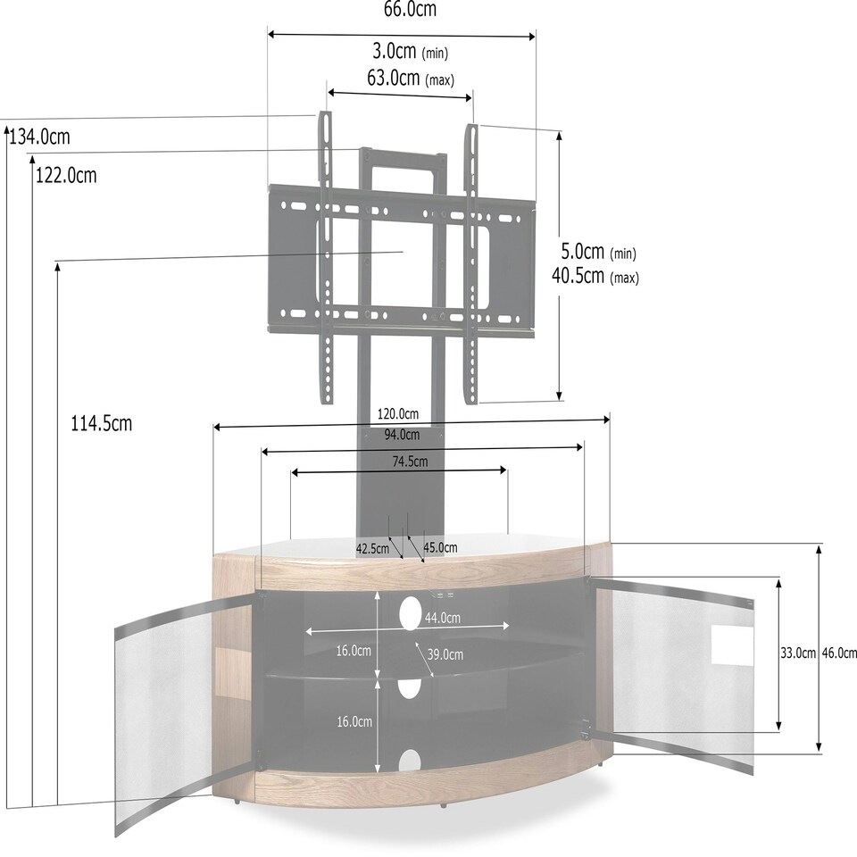 image 1 of Centurion Supports PANGEA Black/Oak Beam-Thru Curved True-Corner 32"-50" TV Cabinet with Mounting Arm Black | Oak