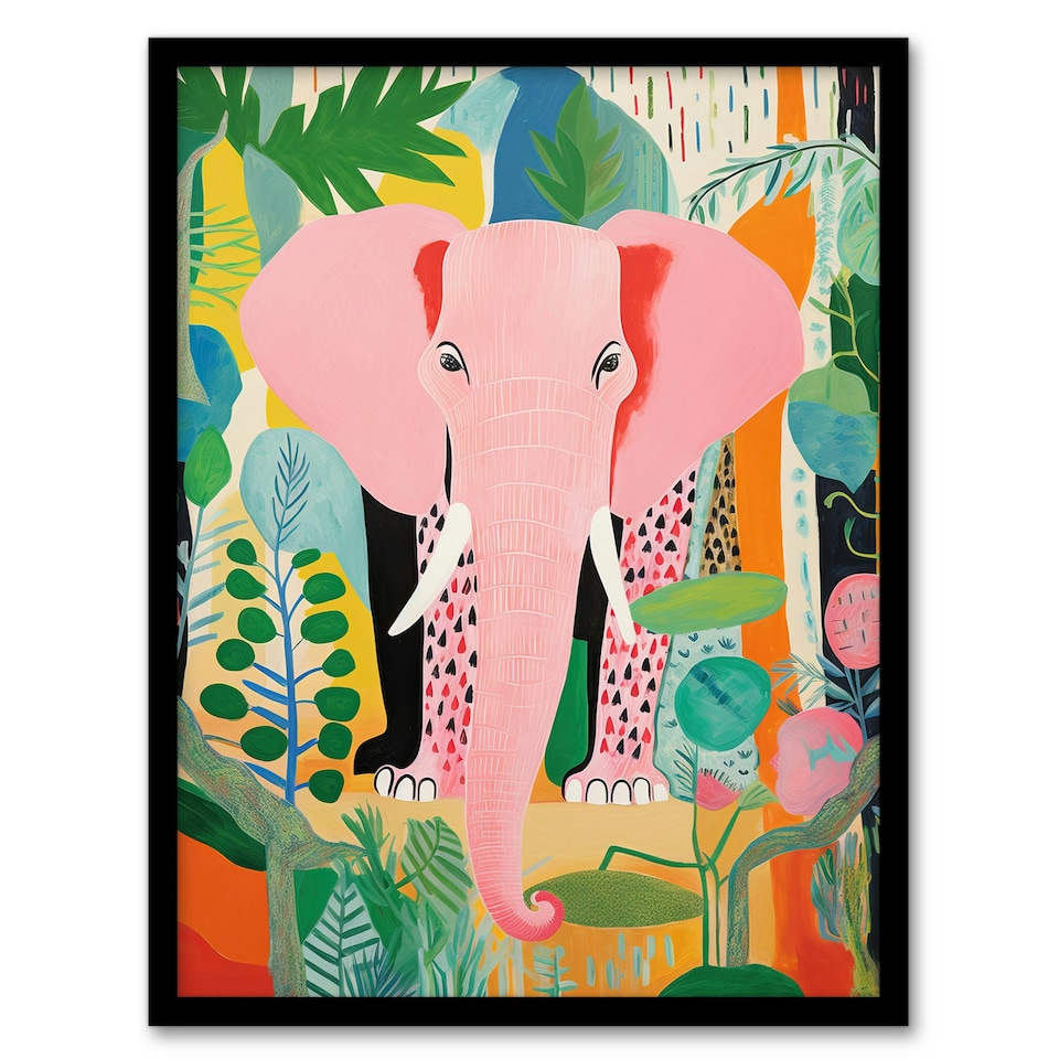 image 1 of Pink Jungle Animal Fun Multicoloured Elephant Black Framed Wall Art Print A4