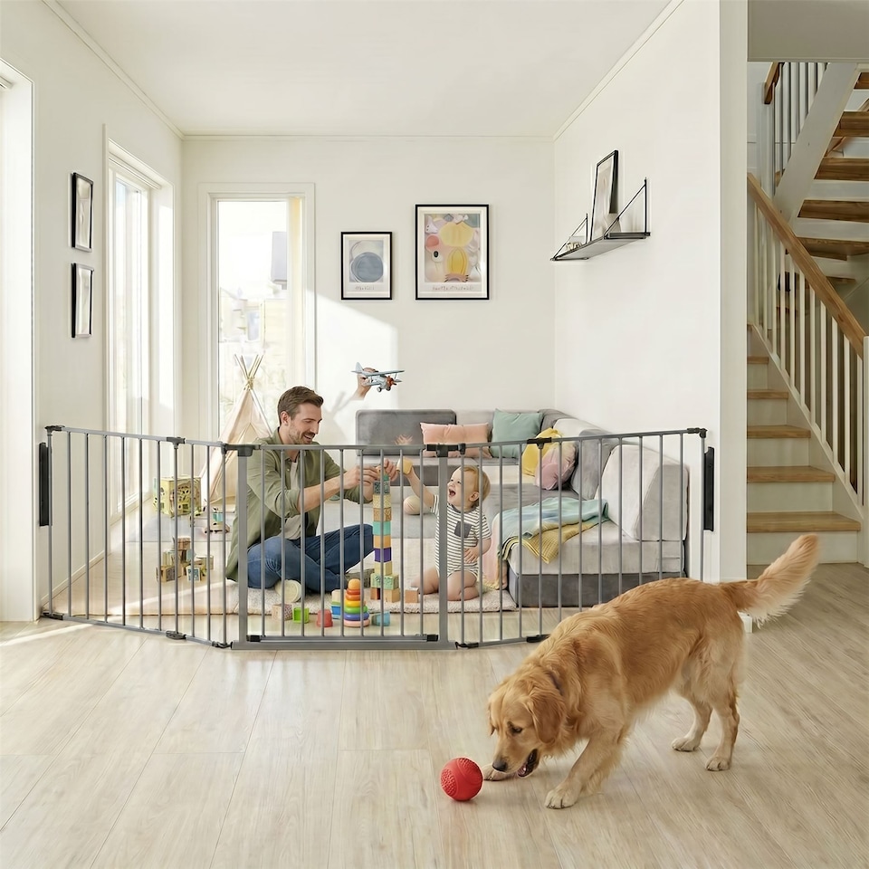 image 1 of Safetots Premium Multi Panel Room Divider, up to 115cm Wide, Grey, 70cm Tall, Flexible Barrier with Door for Baby and Toddler | Grey