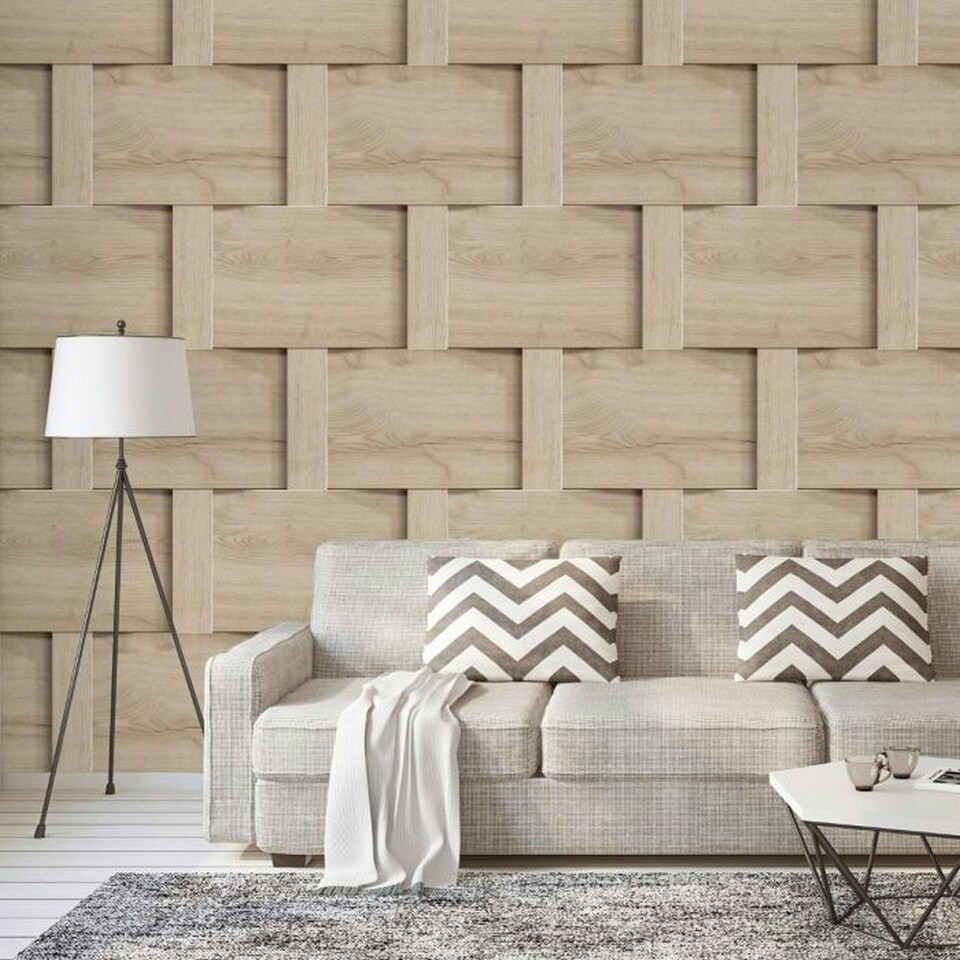 image 1 of Debona Harrow Weave Wood Panel Wallpaper - Beige - 32.1ft x 21in Brown