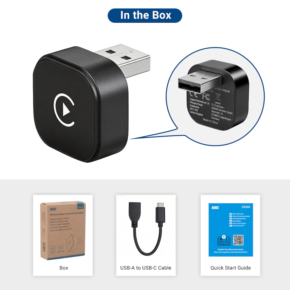 image 1 of 2-in-1 Wireless CarPlay & Android Auto Adapter - August CR245