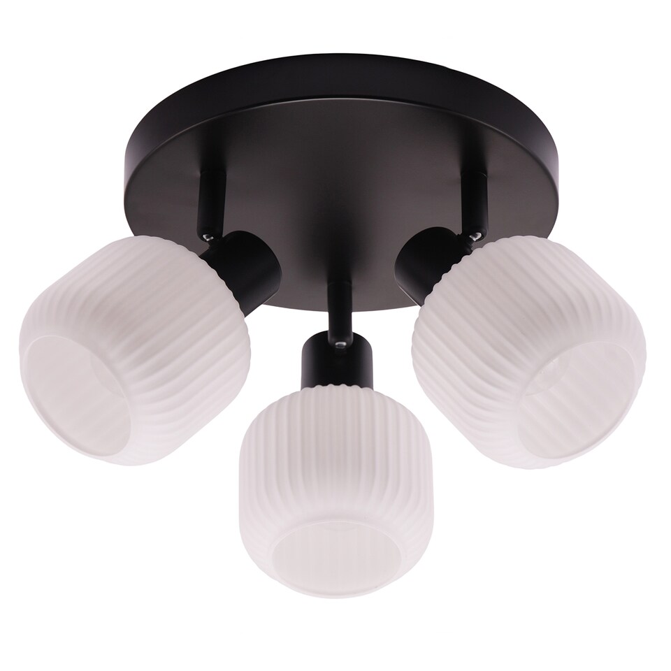 image 1 of Modern Designer Matte Black Spot Ceiling Light with White Ribbed Glass Shades