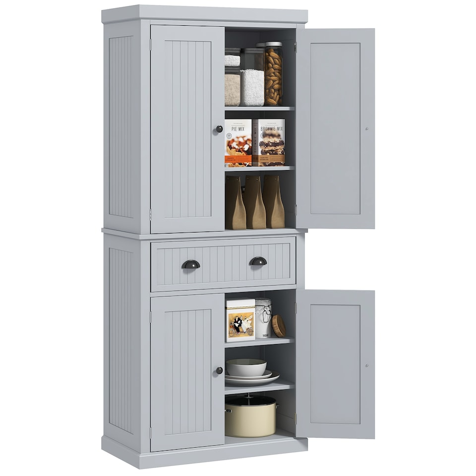 image 1 of HOMCOM 183cm Tall Kitchen Cupboard, Kitchen Pantry Cabinet with Drawer, 3 Adjustable Shelves and 4 Doors, Freestanding Storage Cabinet for Dining Room, Living Room, Grey