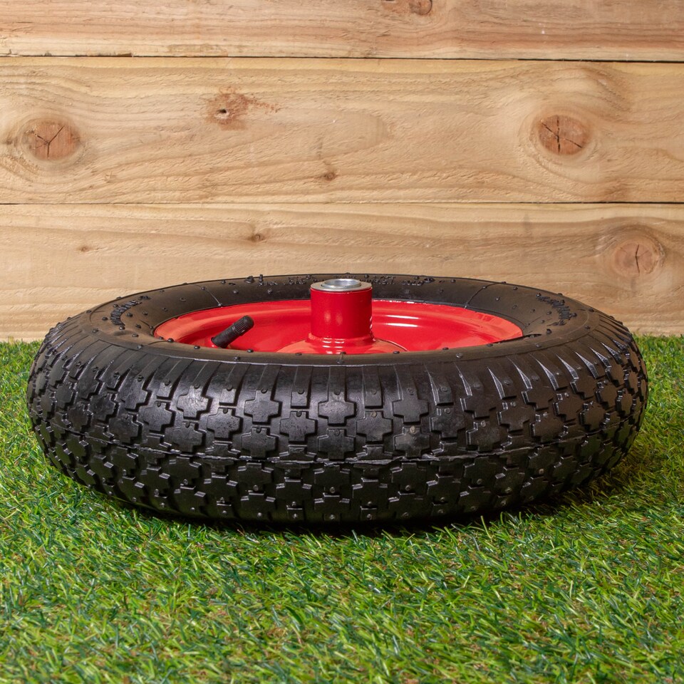 image 1 of Replacement 15" x 3.4" Pneumatic Heavy Duty Garden Wheelbarrow Wheel & Axel In Red