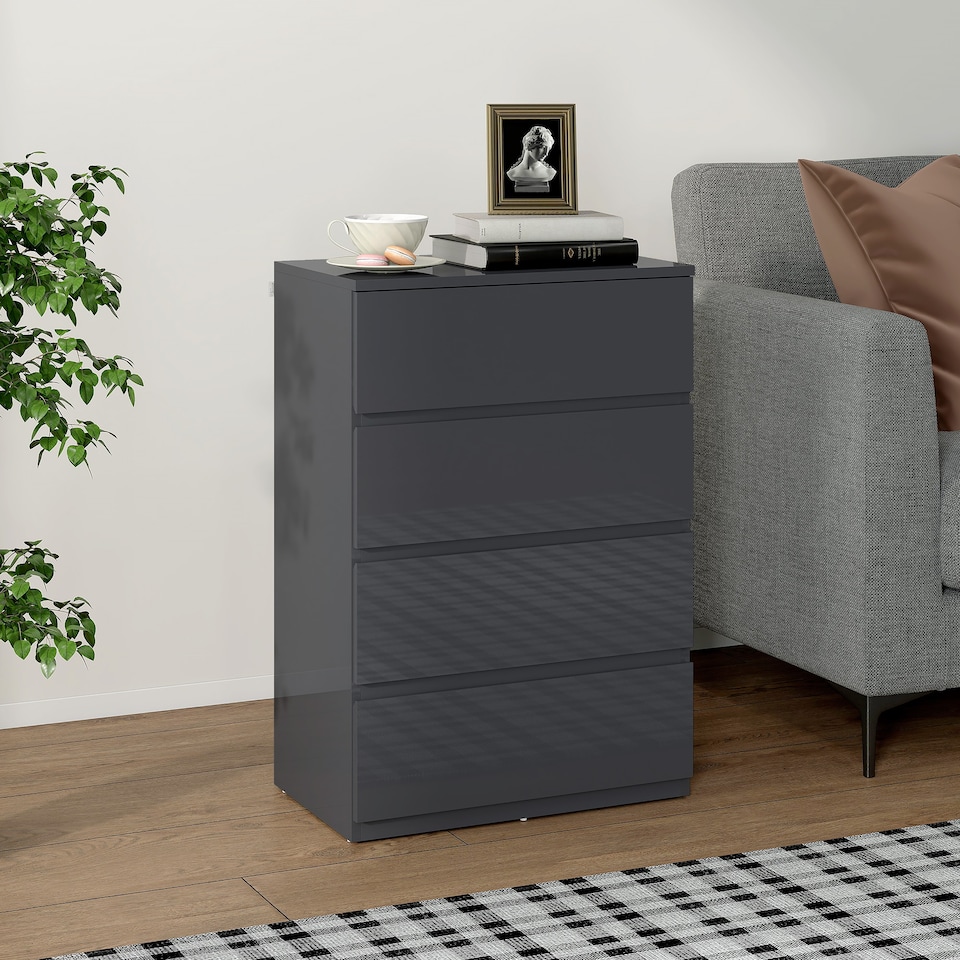image 1 of HOMCOM Chest of Drawers, Modern 4 Drawer Dresser with Soft Closing Mechanism for Bedroom, High Gloss Grey