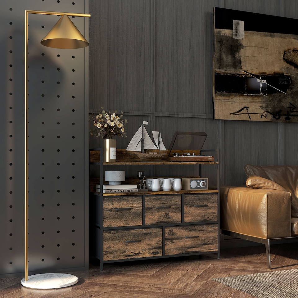 image 1 of HOMCOM Bedroom Chest of Drawers, Fabric Dresser with 5 Drawers, Storage Organiser Unit with Open Shelves and Metal Frame for Living Room, Entryway, Rustic Brown