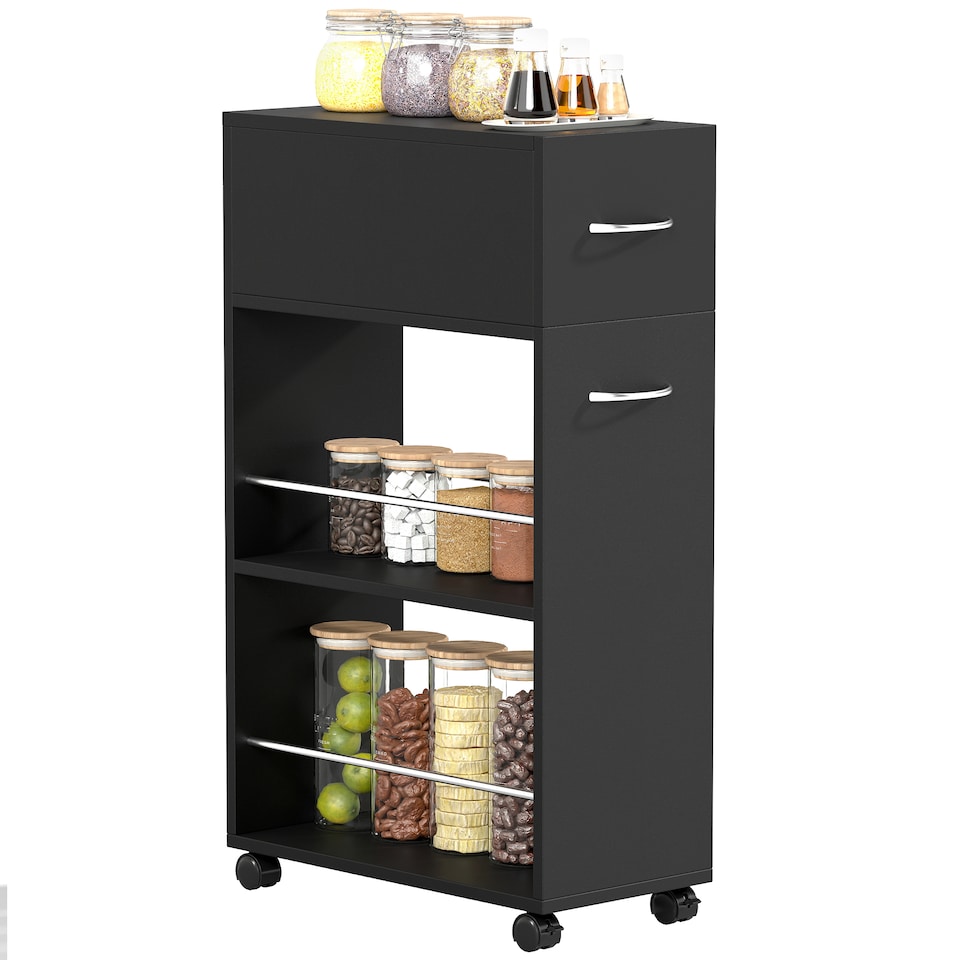 image 1 of HOMCOM Rolling Storage Unit with Drawer Surface Top and 4 Wheels, Black