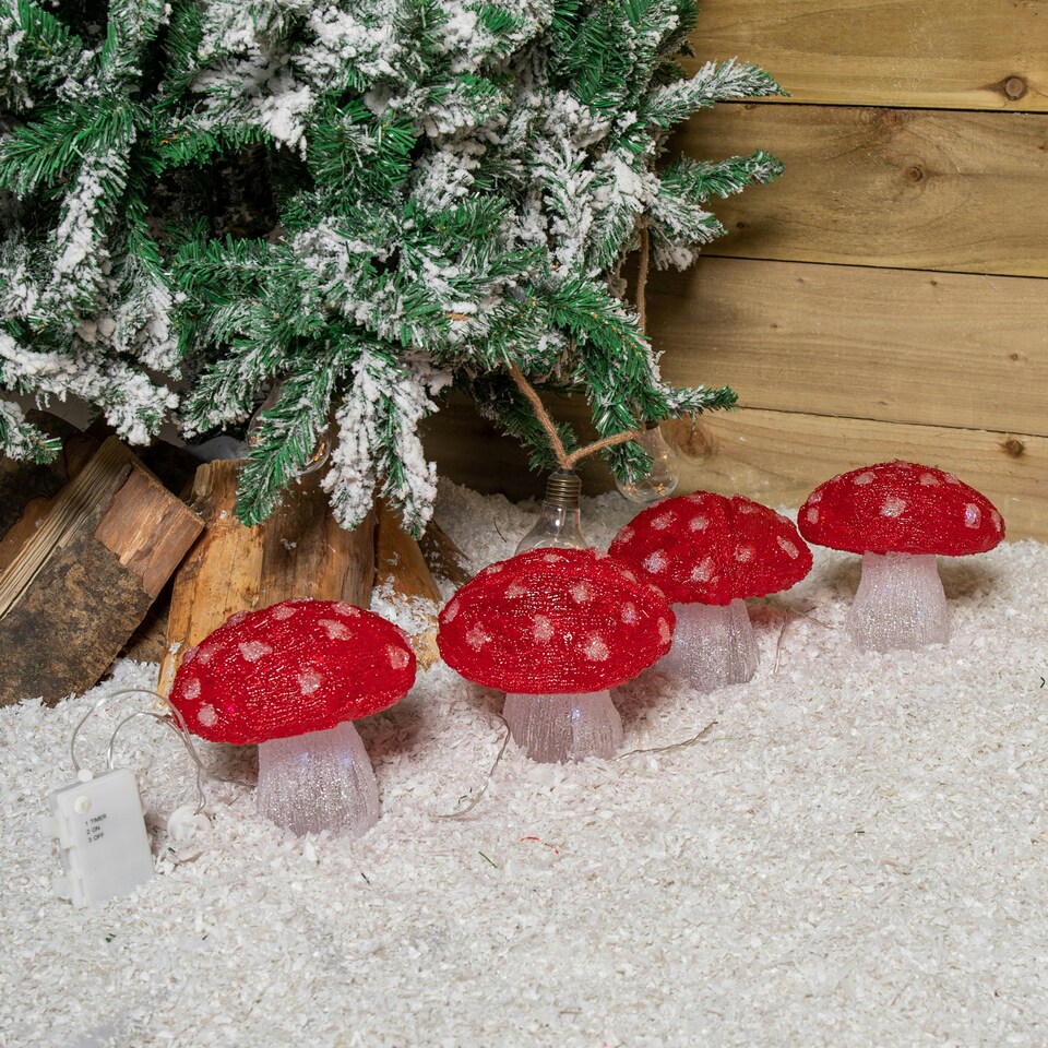 image 1 of Set of 4 Battery Operated Red & White Acrylic Christmas Mushrooms with Cool White LEDs