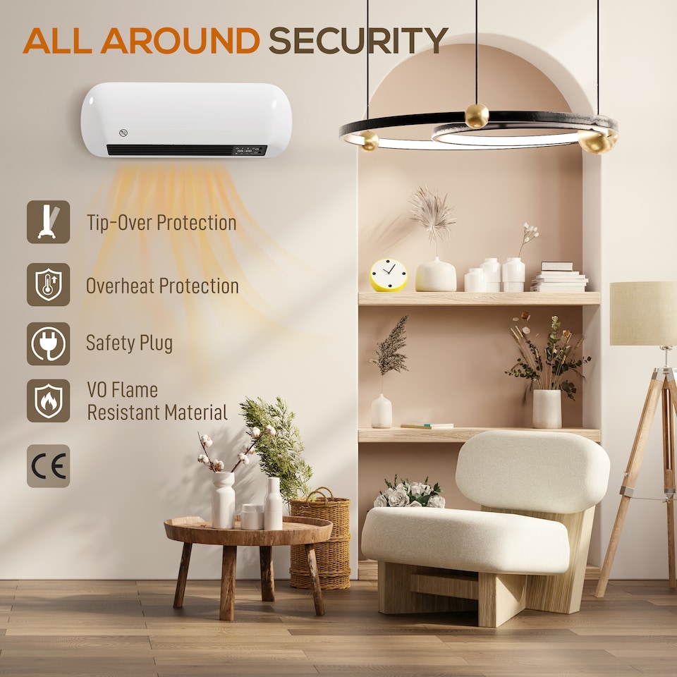 image 1 of HOMCOM Ceramic Electric Heater 2000W with Fan, Wall Mounted, White | White