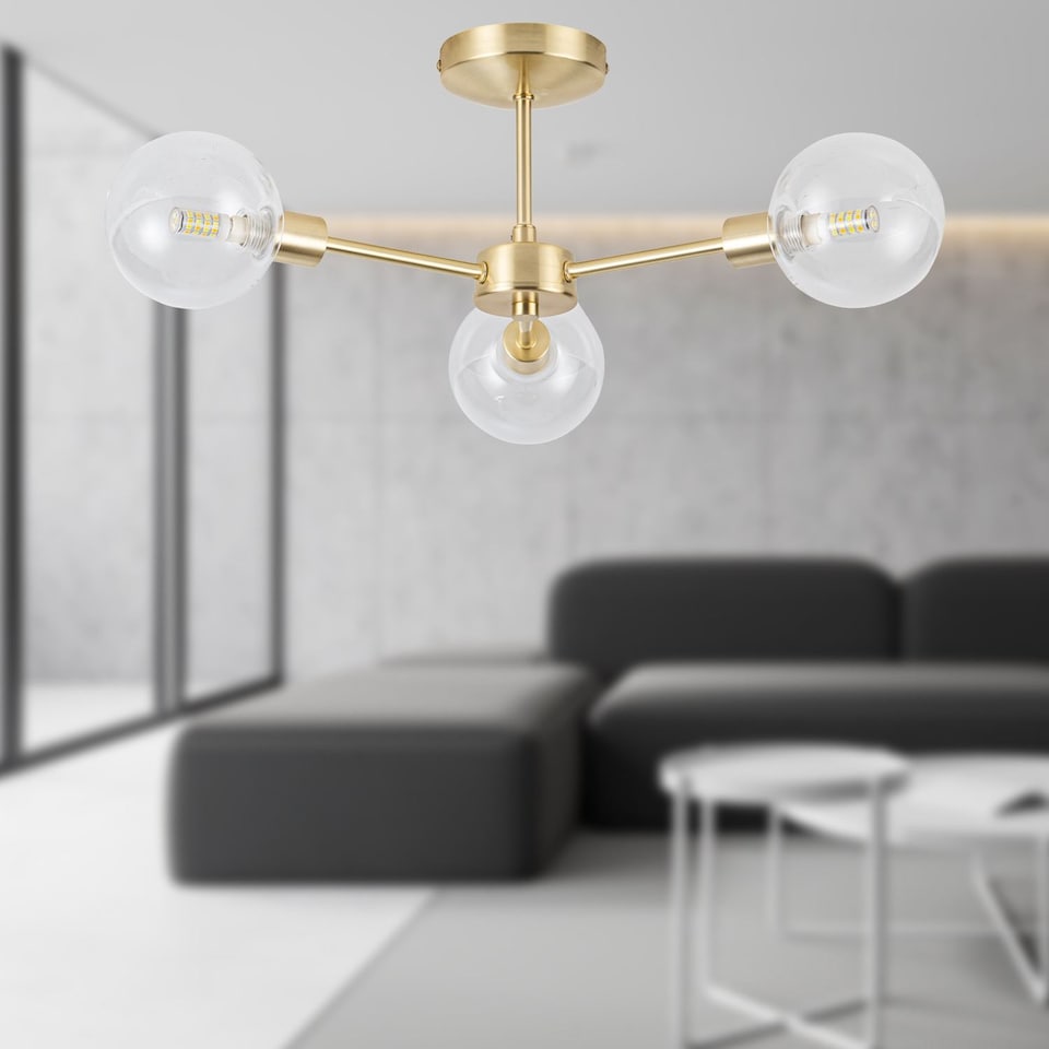 image 1 of Toner - Satin Brass with Clear Glass Globes 3 Light Flush Ceiling Light | Gold | Clear | 1
