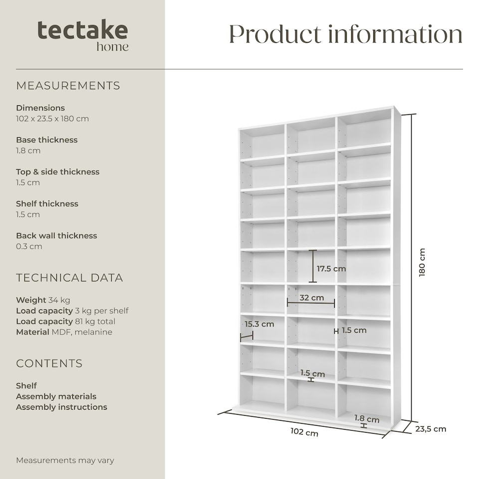 image 1 of CD Shelf Unit Christel - 27 compartments for up to 1080 CDs | White | white | 102 x 23,50 x 180 cm | 1