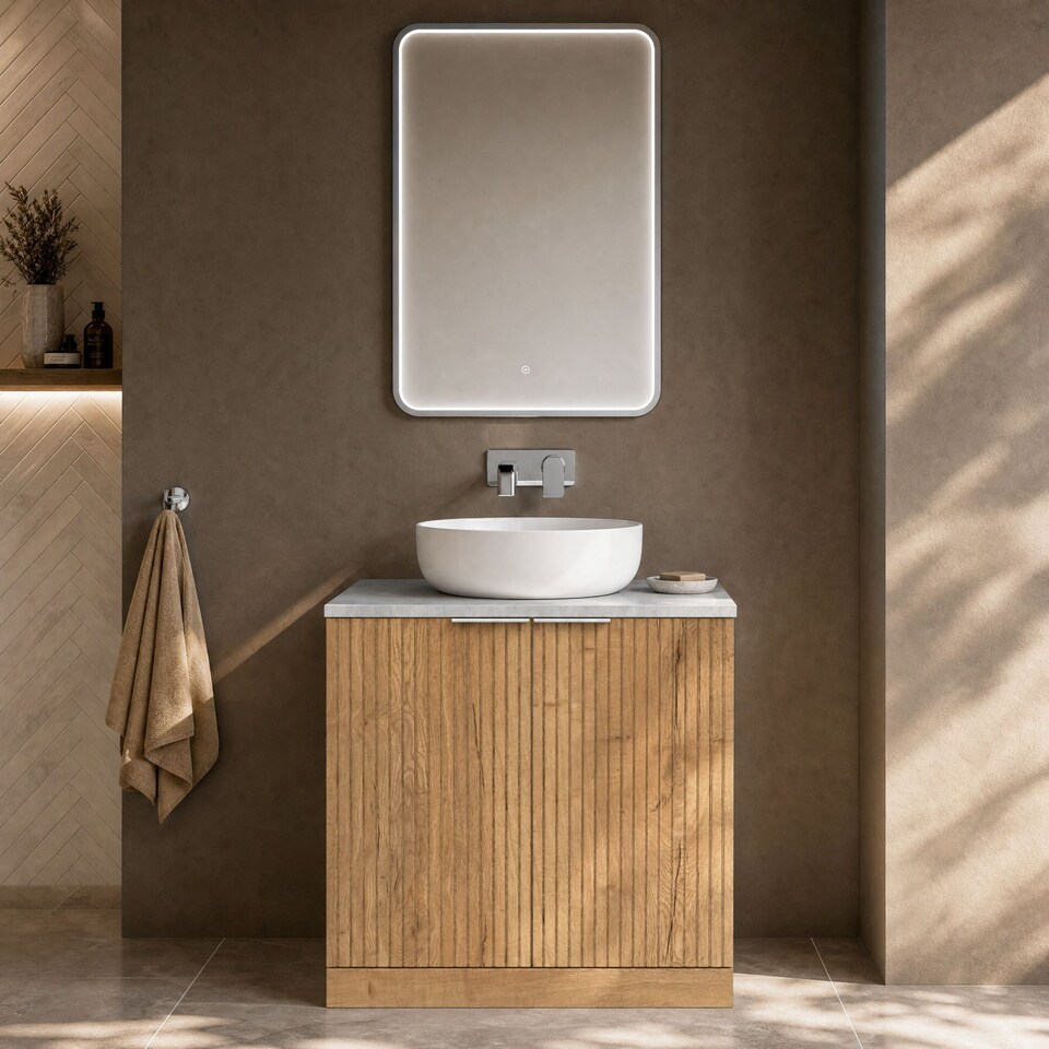 image 1 of Balterley Callingwood Contemporary Floor Standing 2 Door Vanity Unit with Bellato Grey Laminate Worktop , 800mm, Autumn Oak