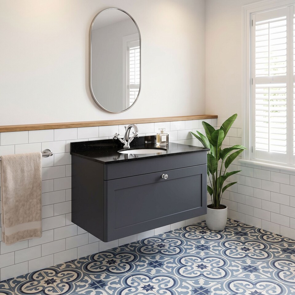 image 1 of Balterley Swynnerton Traditional 1 Drawer Wall Hung Vanity Unit with Marble Basin, Dark Grey, 800mm