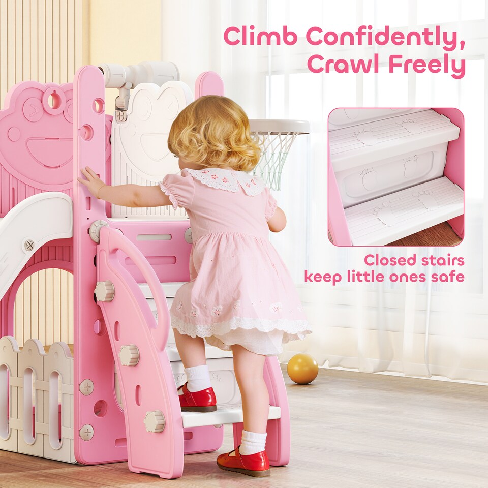 image 1 of AIYAPLAY 5 in 1 Toddler Slide Set with Basketball Hoop for Age 1-3, Pink