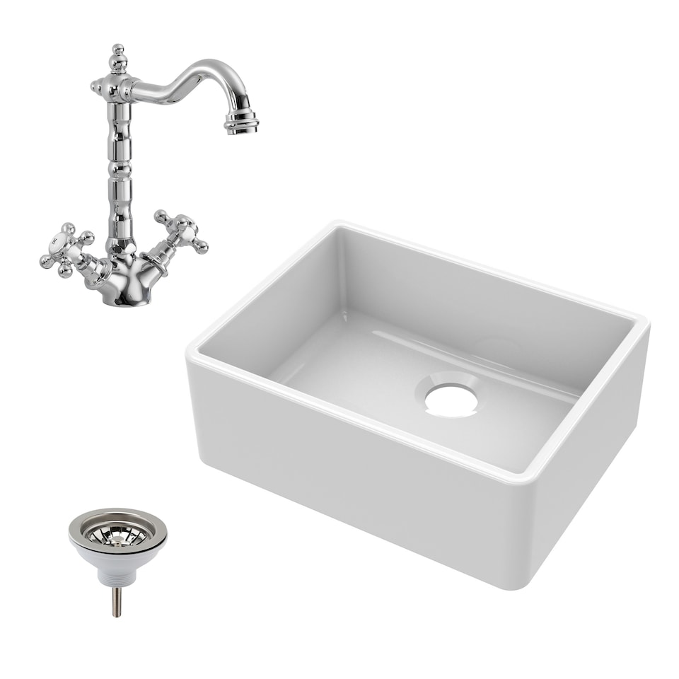 image 1 of Fireclay 595mm Kitchen Bundle - Single Bowl Butler Sink with Compatible Waste & French Classic Tap by Balterley