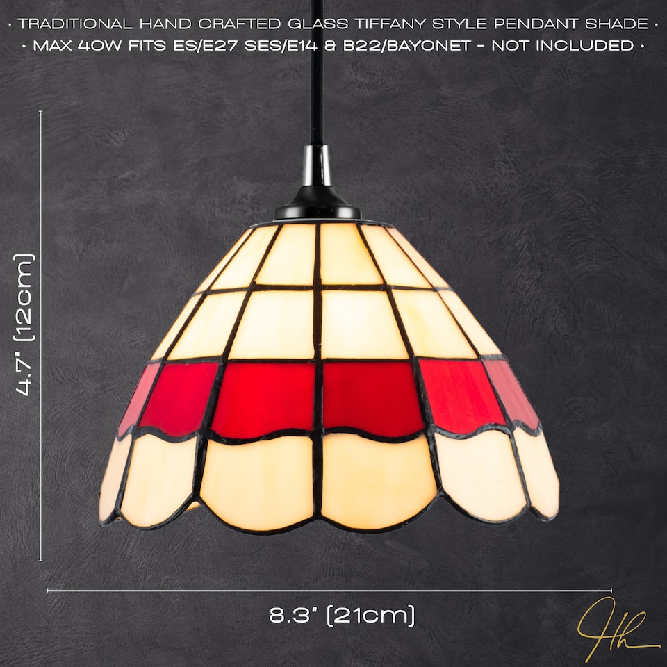 image 1 of Traditional Red and Amber Stained Glass Tiffany Pendant Lighting Shade | Red