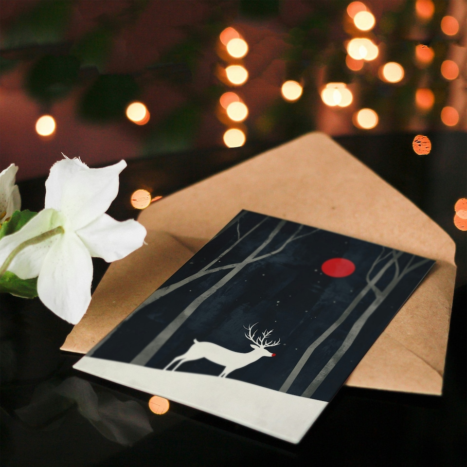 image 1 of Rudolph Red Nosed Reindeer Winter Forest Xmas Art Blank Christmas Card