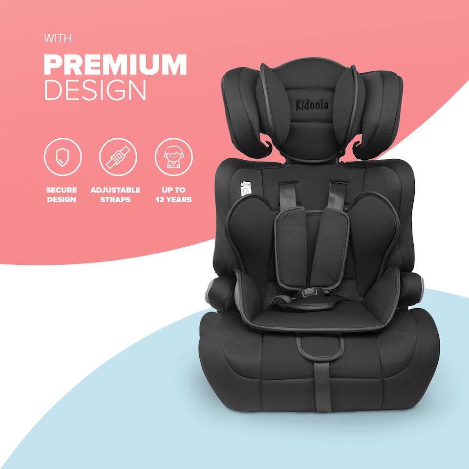 image 1 of Kidoola Adjustable Car Seat, 3 Age Functions, Toddler to 12 Years, Black