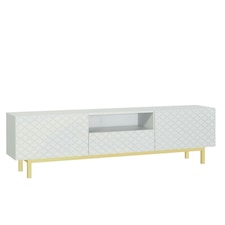 White TV Unit 180cm Diamond Fronts Gold Legs Modern Media Cabinet White