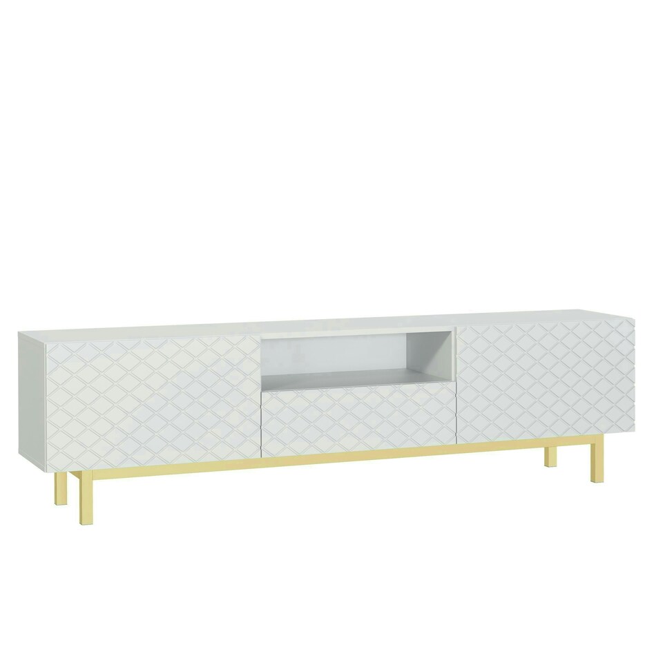 image 1 of White TV Unit 180cm Diamond Fronts Gold Legs Modern Media Cabinet White