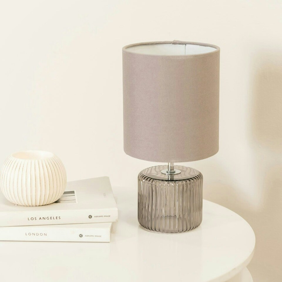 image 1 of ValueLights Betty Pair of Grey Smoke Tinted Glass Table Lamps with Grey Lamp Shades