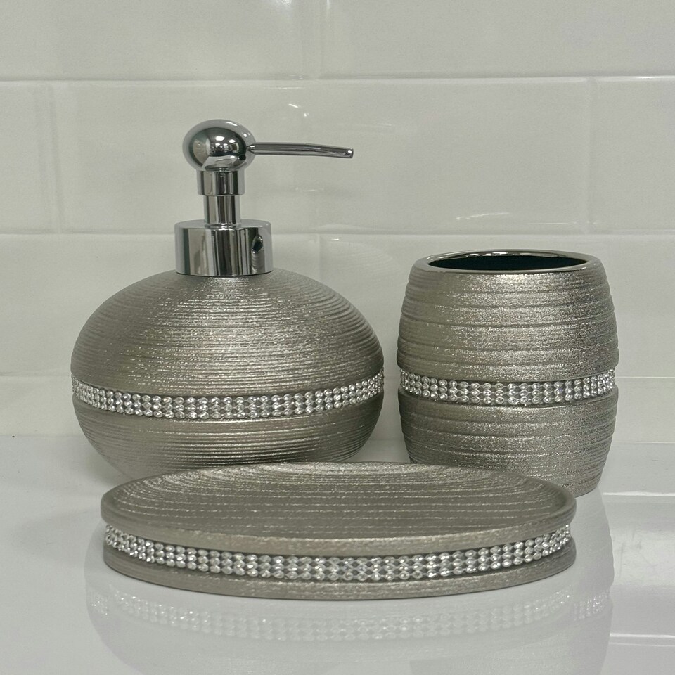 image 1 of Showerdrape Pzazz Silver Diamante 3 Piece Bathroom Sink Accessory Set
