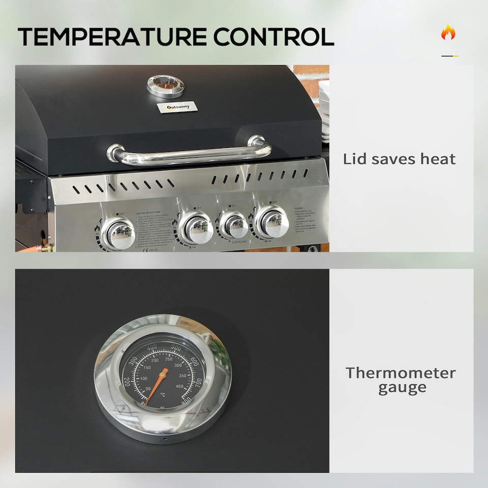 image 1 of Outsunny 3+1 Burner Propane Gas Barbecue Grill with Thermometer, Bottle Opener