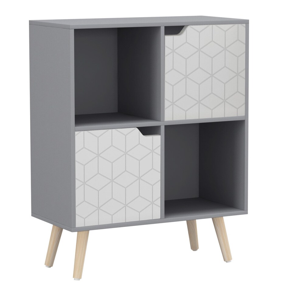 image 1 of Grey 4-Cube Storage Unit with 2 Geo Doors and Legs | White | White & Pine | 1