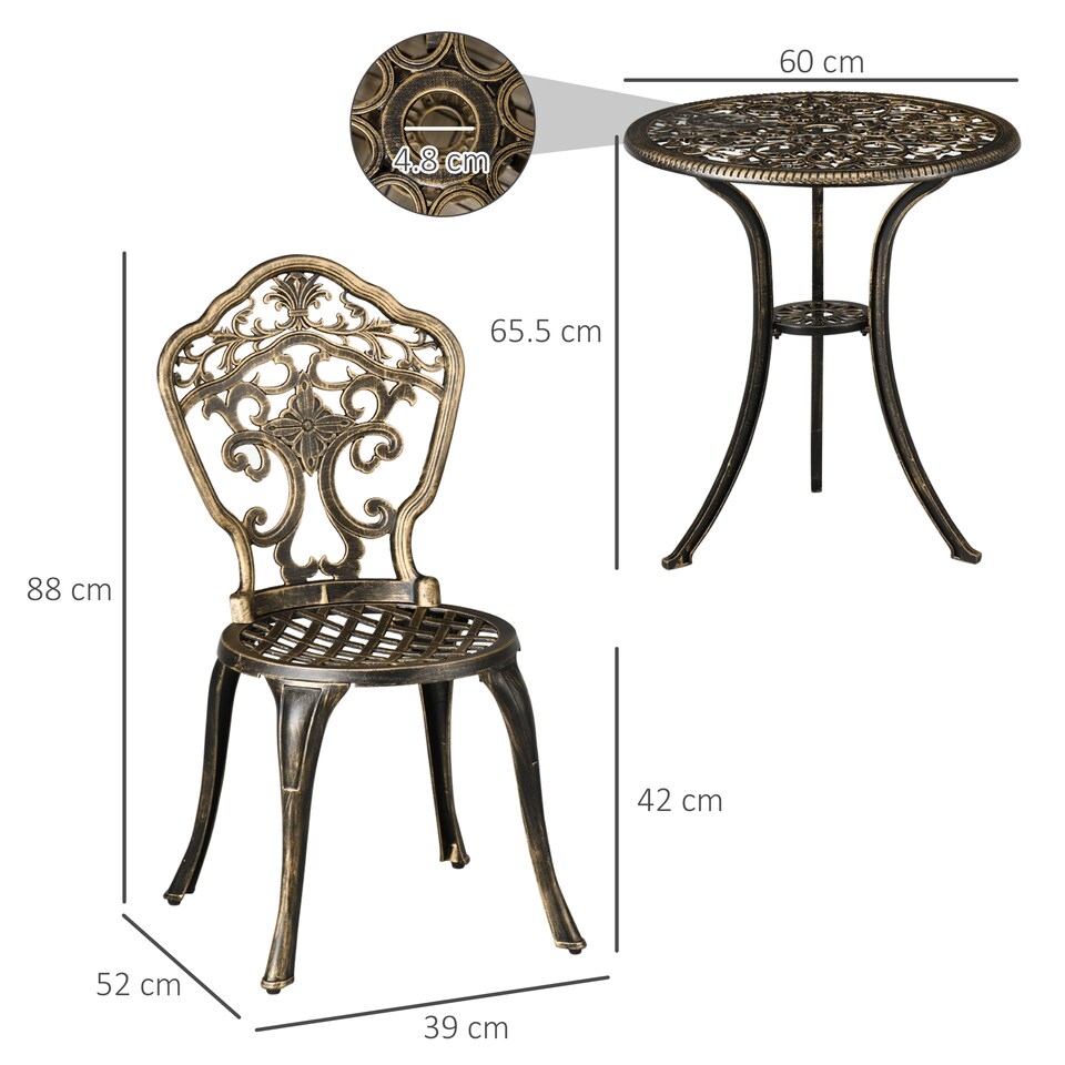 image 1 of Outsunny 3 PCs Cast Aluminium Bistro Set w/ Parasol Hole for Balcony, Brown | Bronze