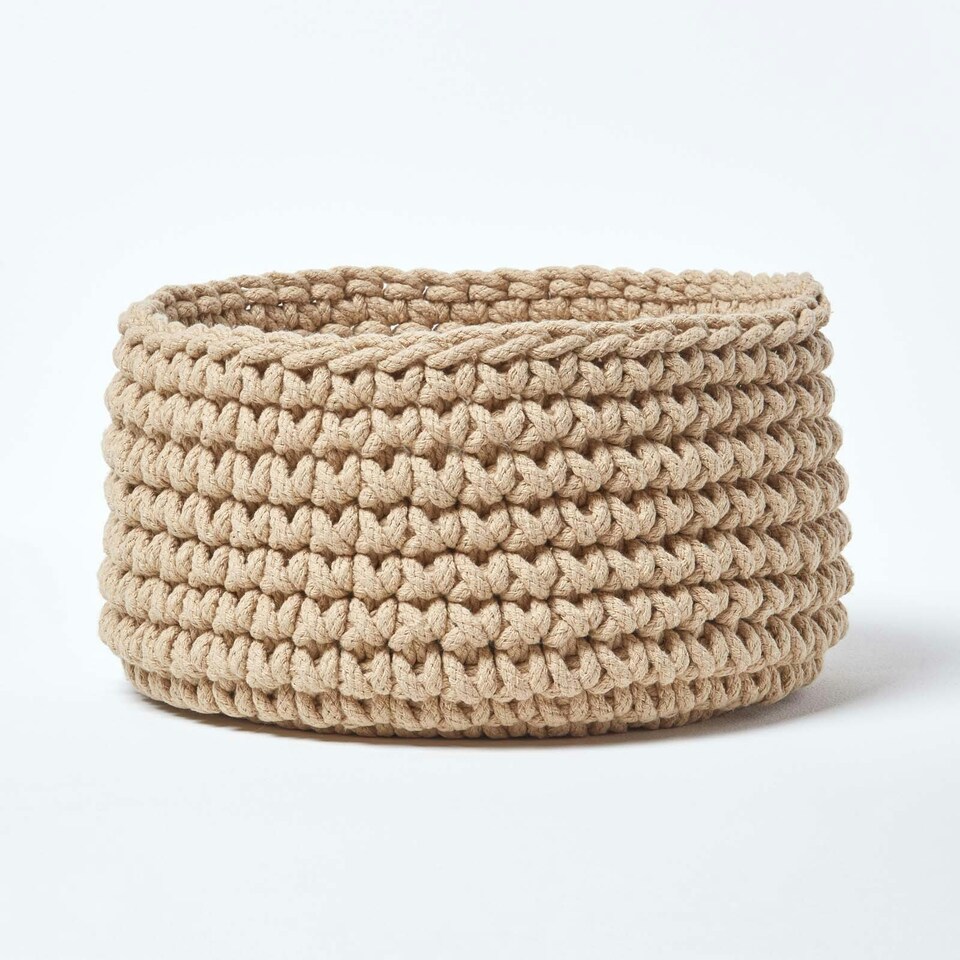 image 1 of Homescapes Linen Cotton Knitted Round Storage Basket - 37 x 21 cm Cream | M