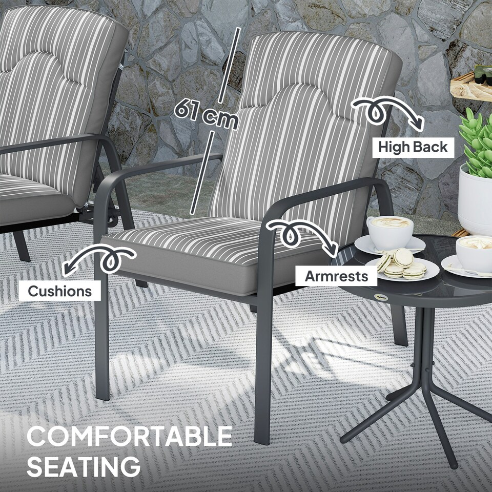 image 1 of Outsunny 3-Piece Recliner Garden Chairs and Tempered Glass Table Set, Grey 