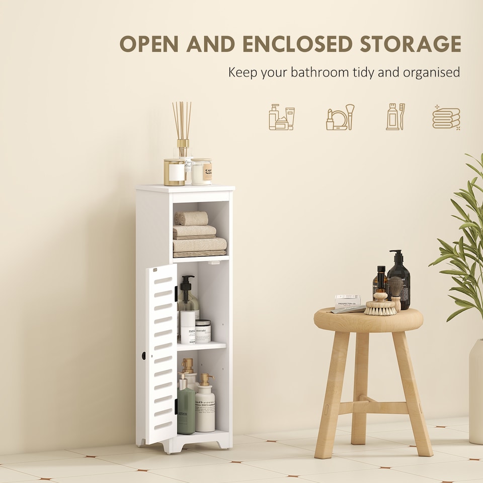 image 1 of HOMCOM Slim Bathroom Floor Cabinet with Louvered Door, Bathroom Storage Unit with Open Shelf, Adjustable Shelf, Freestanding Bathroom Cabinet Storage Cupboard, for Bathroom Living Room Kitchen, White