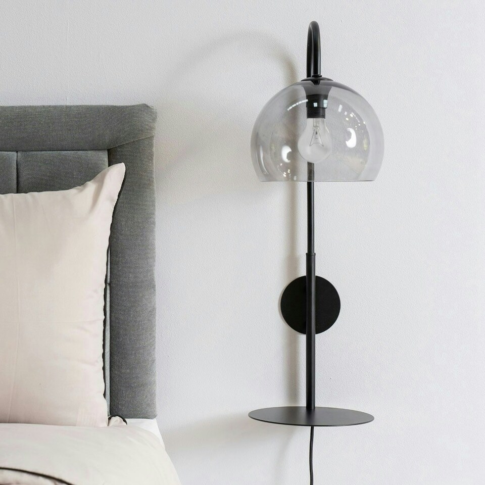 image 1 of ValueLights Glenn Smoked Glass Globe Shade Wall Light with Matte Black Shelf with LED Bulb | Black