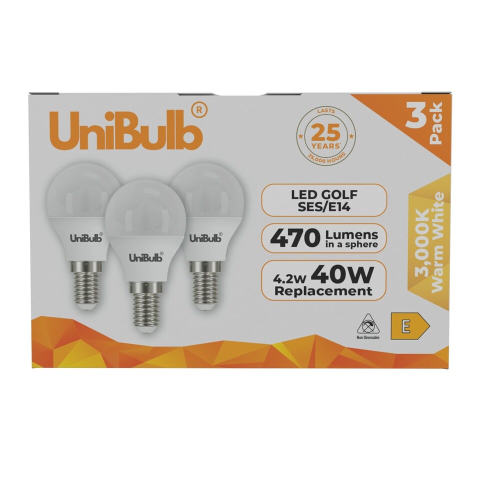 image 1 of UniBulb LED Golf Ball E14 470lm 4.2W 3000K (Warm White) Light Bulb - Pack of 3