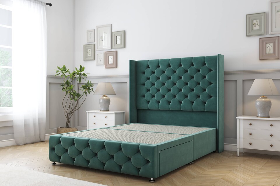 image 1 of Sloomy Luthor Emerald Plush Divan Bed Base 2 Drawers Foot-End With 54 Inch Wingback Headboard & 12 Inch Matching Footboard | Green | Emerald | Super King | 1