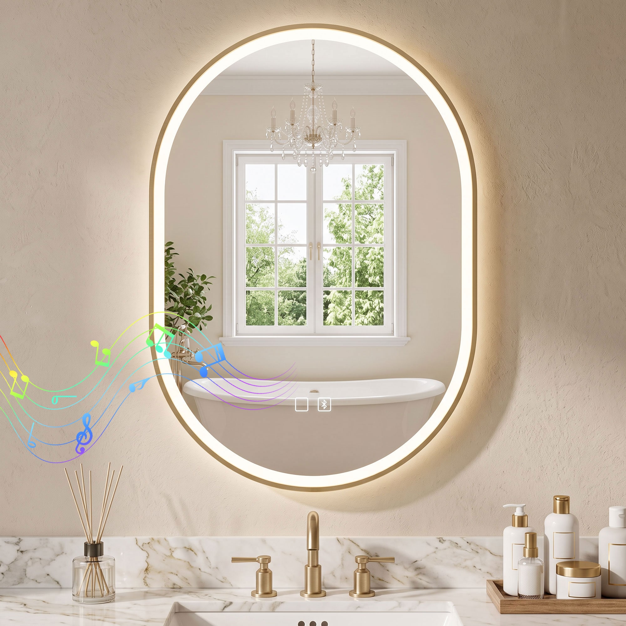 HOMCOM LED Bathroom Mirror, 100x70cm Oval Bathroom Mirror, Gold Tone